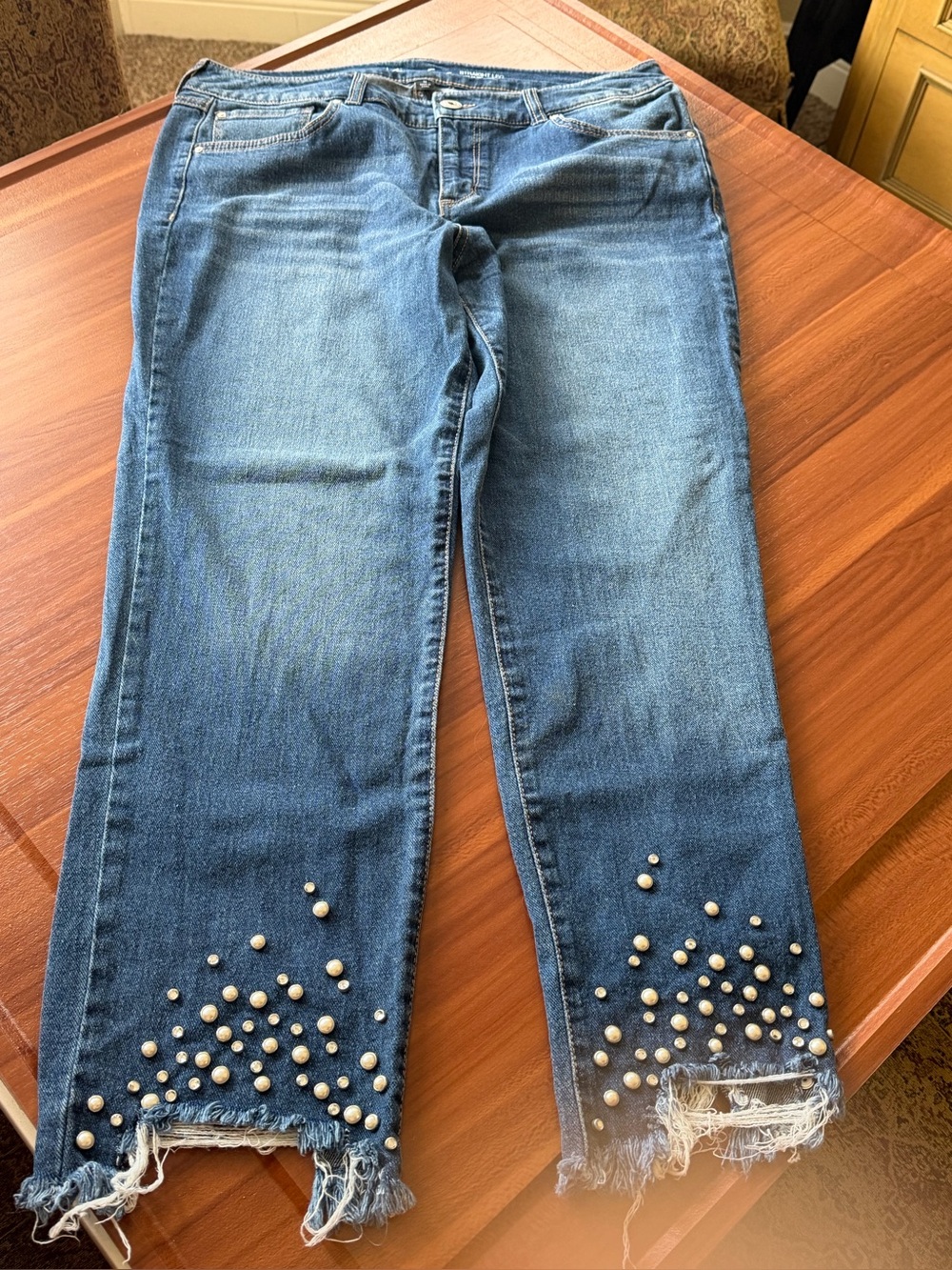 INC Women’s Blue Denim Jeans with Pearl Embellishment- Factory Distressed